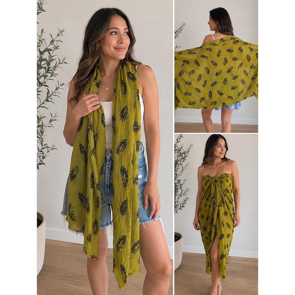 Olive Green Feather Print Scarf Lightweight Boho Wrap Sarong Frayed Edge